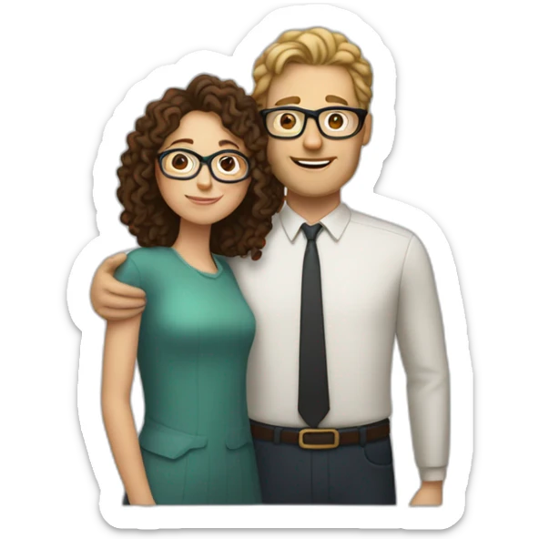 tall white man with curly dark hair hugging white woman with glasses and straight brown hair sticker