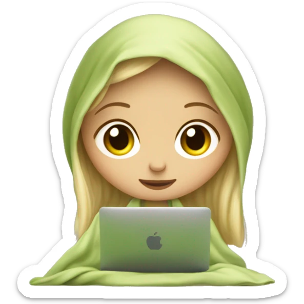blonde girl sits under a blanket with a glass of matcha and works on a macbook sticker