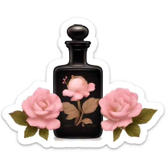 Two English vintage glass perfume bottles from my aristocratic grandmother, exquisite bottle shape, old and shabby, with label, stylish and minimalistic, black and brown with pink gradient, with little herbal and flowers  sticker