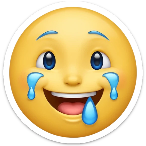 Emoji, yellow round laughing face, blue tears of joy on it  sticker