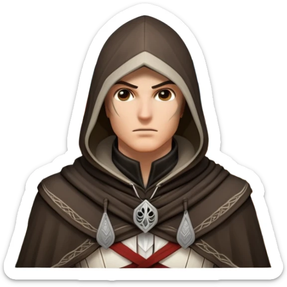 icon featuring Assasin's Creed in an iconic assassin's hood, standing tall against the backdrop of Florence. The design captures the essence of adventure, with intricate details of historical architecture and a sense of mystery. The character is poised, ready for action. transparent background. sticker