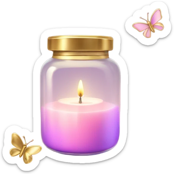 A glowing pastel pink candle in a glass jar with gold accents, next to a violet butterfly. sticker