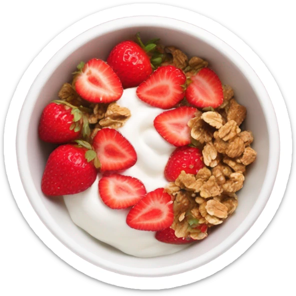 Top view of a yogurt bowl with strawberries and granola sticker