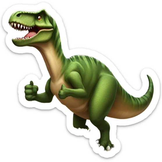 tyrannosaurus showing thumbs up with a table with food in the backgound sticker