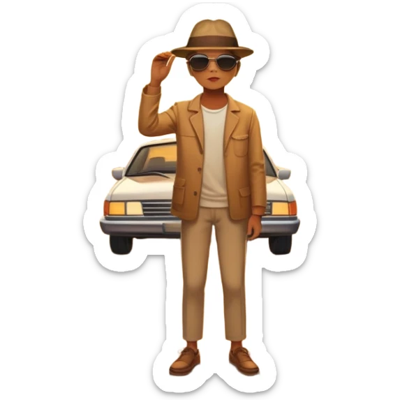 A parked car rests on the side of a long with a person outside , empty road stretching toward a golden sunset. The sky glows with warm colors, and the landscape ahead feels open, peaceful, and full of promise. sticker