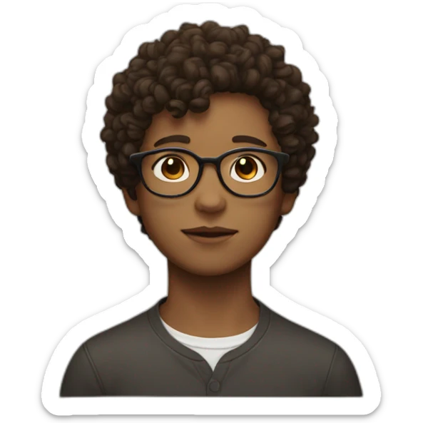 head of a boy with brown curly short hair and white glasses with a dark cat sticker