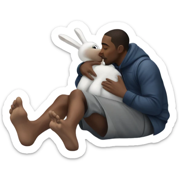 Black man kissing a snow bunny laying on the floor with his feet in the air on a snowy forest sticker