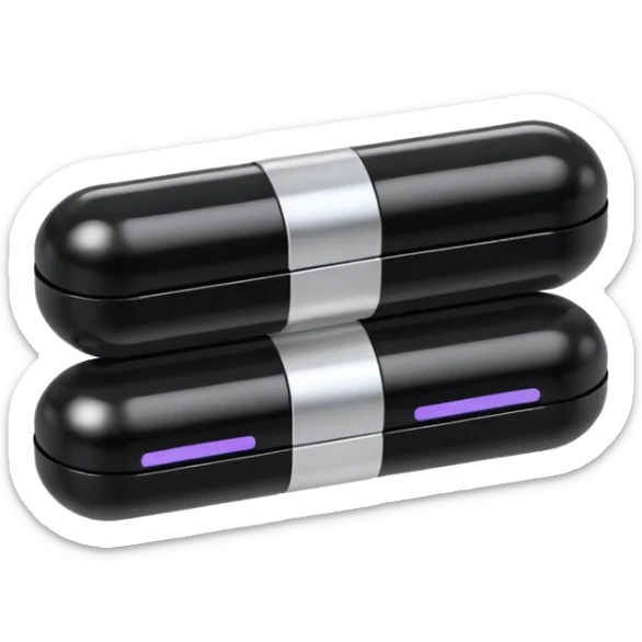 Minimalistic futuristic black medicine pills pack emoji, metallic black and white, reflective sleek surfaces, flat vector design, high-tech clean UI icon sticker