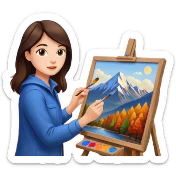 Brunette Artist painting a beautiful autumn mountain peak destination on canvas sticker