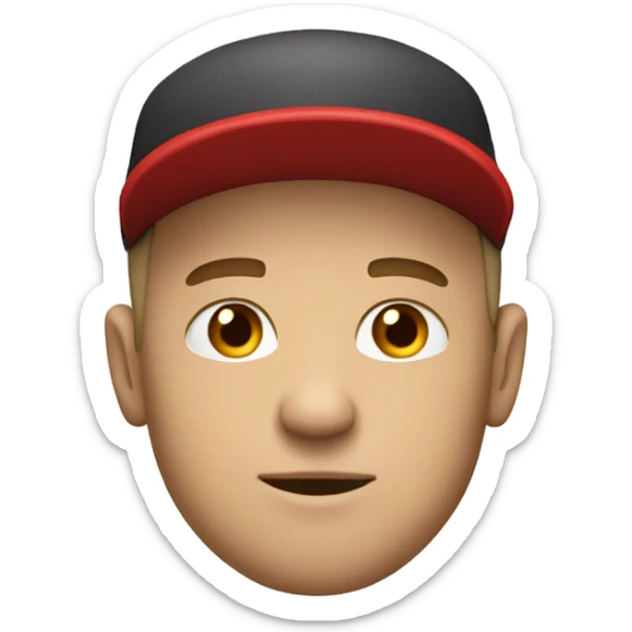 white man wearing hat with a taper fade haircut with goate and a red polo shirt sticker