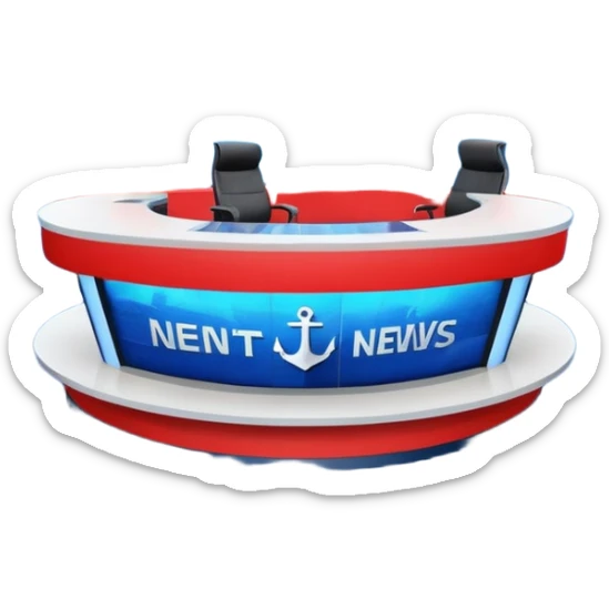 Professional news TV studio interior, modern anchor desk in center, large curved LED screen wall behind presenter, abstract global map graphics, blue dominant colors with red accents, symmetrical composition, broadcast-quality lighting, realistic 3D studio render sticker