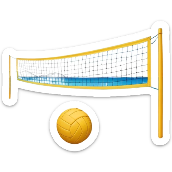 The scene captures the relaxed yet competitive vibe of beach volleyball, with warm sunlight and the natural beauty of the beach. A volleyball resting on the yellow sand on a beach, with the net in the background and a scenic view of the ocean and sky.  sticker