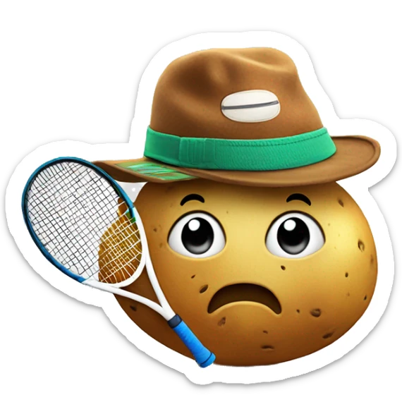 potato with basketball hat, mountain boots and a tennis racket in its hands sticker