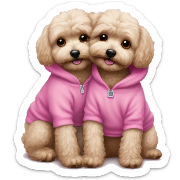 2 dark maltipoo dogs hugging, one wearing a pink sweatshirt and the other wearing a blue sweatshirt sticker