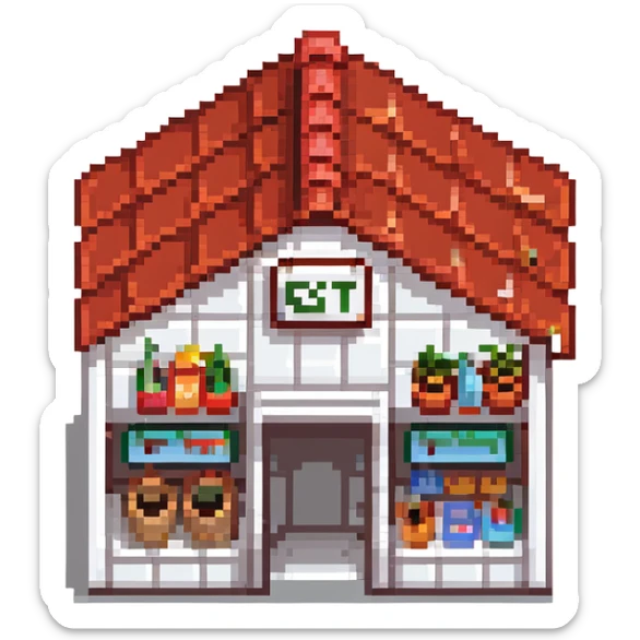 isometric supermarket building with red tiled roof, store entrance, and small parking area sticker