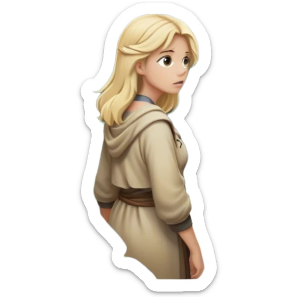 - the back of a blonde woman stands at a mountain crossroads with rocks , her back turned as she contemplates two trails—one illuminated,, and one shrouded in darkness, representing reaction. with hands on chest sticker