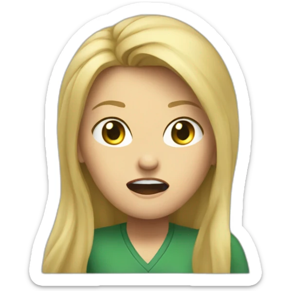front view angry woman teacher long blonde hair dark eyes green shirt no glasses screaming sticker