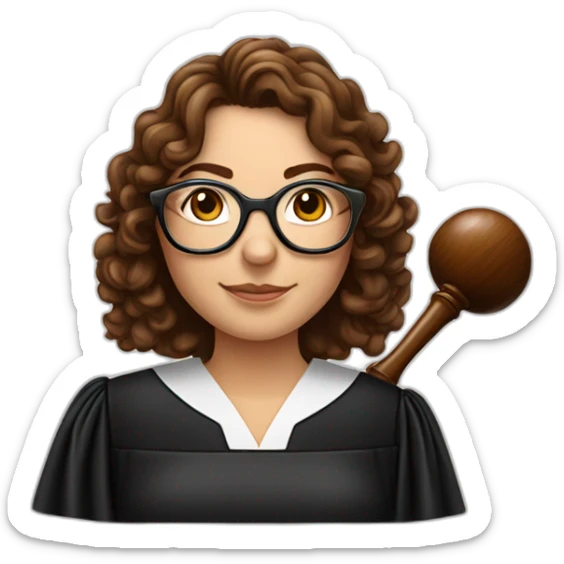 Caucasian female judge, gavel in hand, with round glasses and brown curly hair on her shoulder sticker