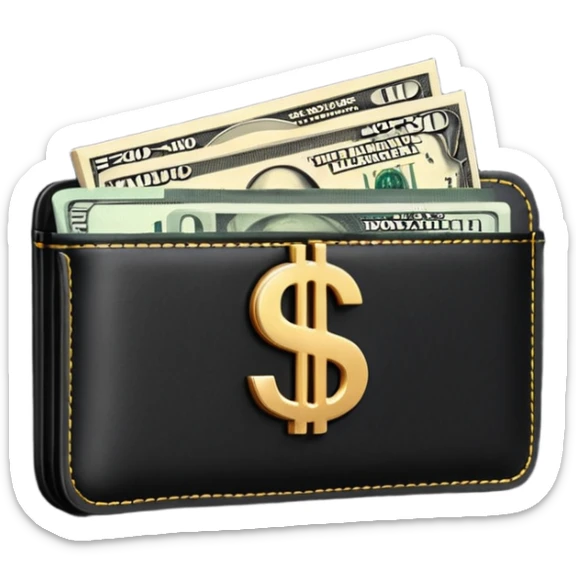 Rich emoji style black leather wallet with dollar bills, luxury money vibe, premium 3D emoji, ultra clean, high detail, no background
 sticker