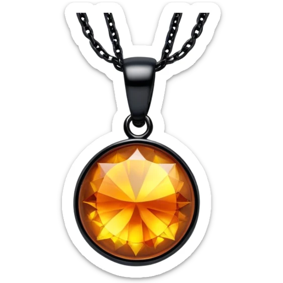 extreme close up of a round cut holographic amber charm with black bail and black chain sticker