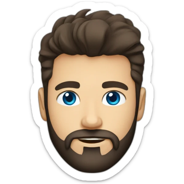 White man with a sun kissed tan and blue eyes. His hair is dark brown, styled sideways backwards. He has a beard and mustache trimmed. Wears s black t-shirt. sticker