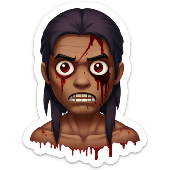 Zumbi de cabelo grande escuro, olhos escuro com mancha de sangue pequena no rosto sticker