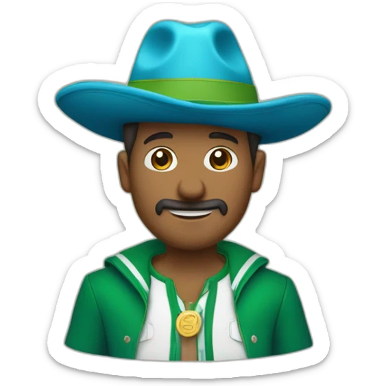 un chico blanco con sombrero de boina azul, pelo castaño y con rulos, camisa verde acuatico con chaqueta simple azul marino y de osos verdes sticker