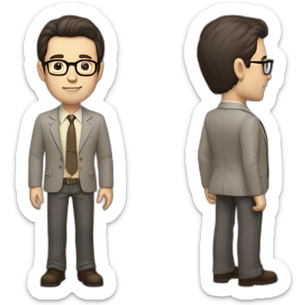Full height Pale skinned Fit Man With dark brown hair in gray jacket, beige office shirt, tie, Brown pants and vintage glasses. Thrumbs of his palms directed up sticker