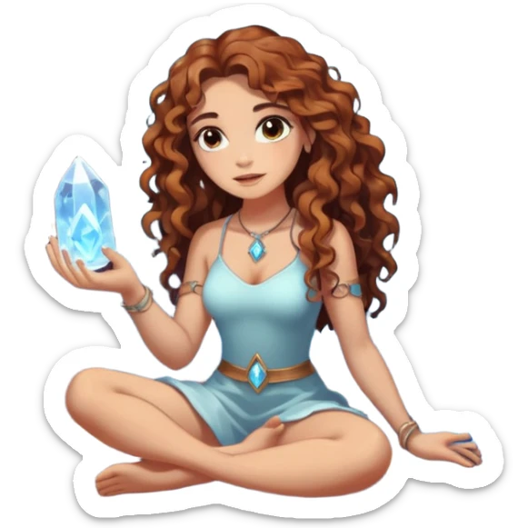 full body woman long curly brown hair brown eyes white skin tattoos sitting inside crystal cave opening, touching glowing quartz sticker