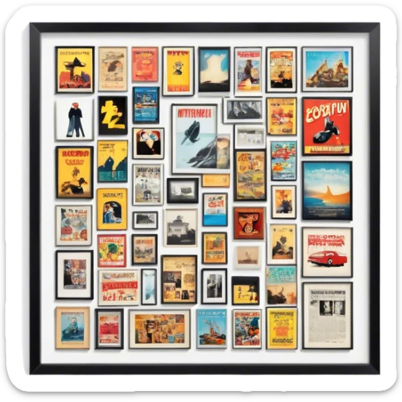 Icon for Photograph and Poster Collecting: a collection of photographs and movie posters, neatly displayed on a wall or in frames. The icon should evoke the nostalgia and artistic value of collecting rare images and posters. Transparent background. sticker