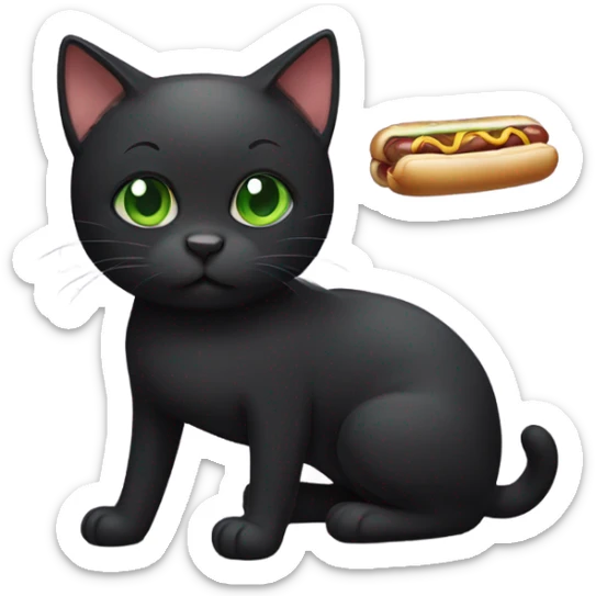 Black cat with green eyes and short hair eating a hotdog sticker