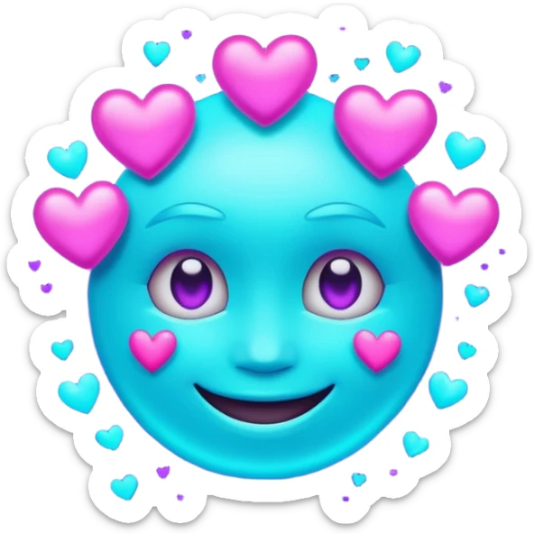 futuristic glowing emoji face smiling with floating neon hearts, purple and cyan holographic light, dark background sticker