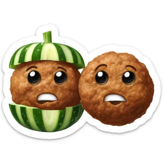 Two meat balls side by side with a cucumber standing on top in the middle of them sticker