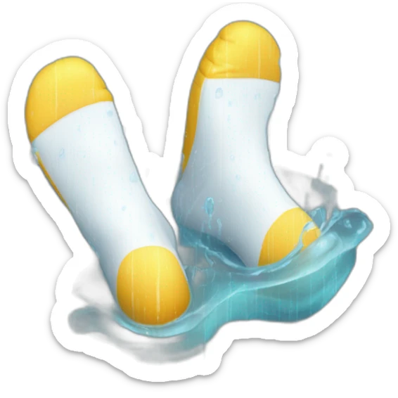 Two feet wearing white socks Soaking wet from the rain and footprint of water on the ground sticker