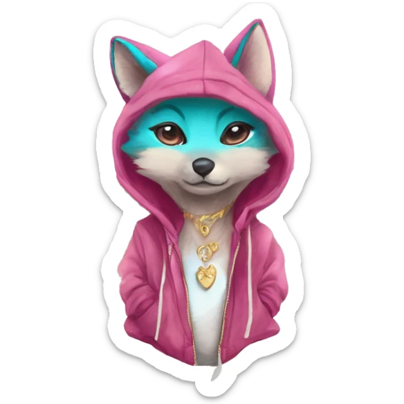 Pink magenta burgundy maroon cyan beige gray fox wearing a pink hoodie with gold jewellery gold piercings gold ear piercing gold nose piercing vintage watercolour tie dye black raven wings sticker