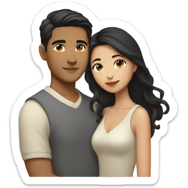 A half pale Asian man with short dark hair and amber eyes embracing and loving a half Asian woman with long wavy dark hair and dark hazel eyes. They love each other a lot And have good fashion taste. sticker