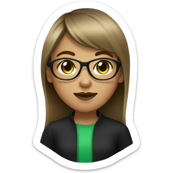 a girl green eyes, brown light hair with bangs and wearing black glasses sticker