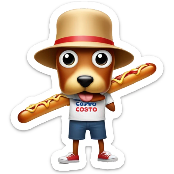Costco hotdog mascot wearing a Costco bucket hat eating a smaller hotdog sticker