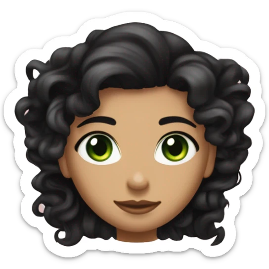 long curly black hair,eyes with a hint of green, eyes positive  canthal tilt ,medium thick shaped eyebrows , and medium thin lips, round face shape, soft jawline, full body, teen, sensual, american sticker
