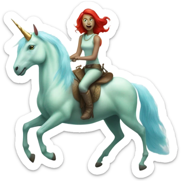 [politically incorrect
	{ woman: alien, color: light green, hair:red, eyes:cat} ]
	on a 
	[{ unicorn: white, legged:four, mane: light blue }] sticker