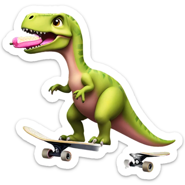 dinosaur on skateboard with pink skirt and pink bow eating a banana  sticker