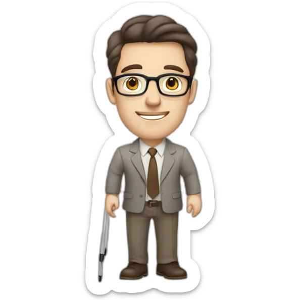 Pale skinned fit man with dark brown hair in gray jacket, beige office shirt, brown tie, brown pants and vintage glasses Writing text on the flipchart sticker