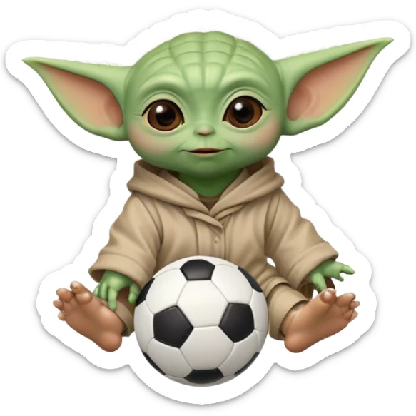 baby Yoda kicking a soccer ball with small roses beside him sticker