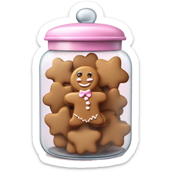 Realistic glass cookie jar with light pink lid full of gingerbread cookies isolated.  sticker