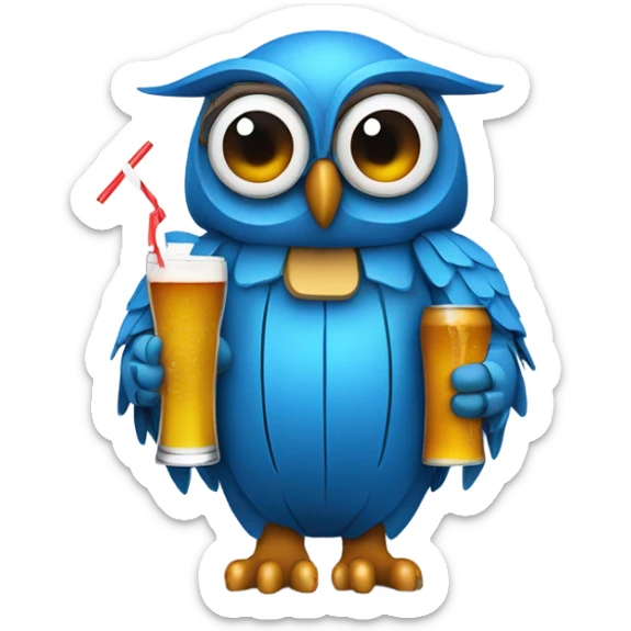 Blue owl wearing a helmet that has drinking straws on the sides to hold beer sticker