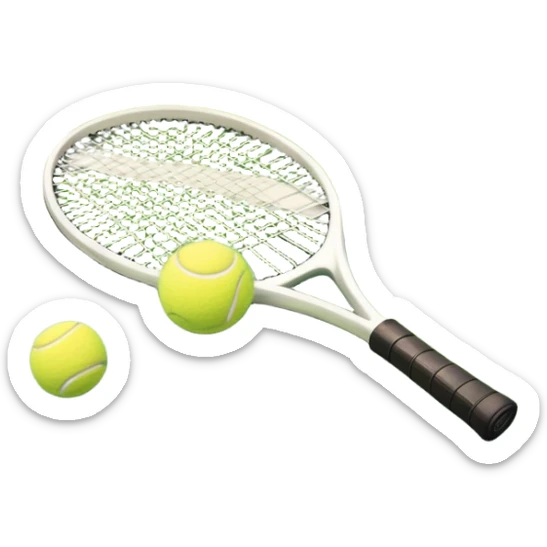 A tennis racket resting on the green grass of a tennis court, with a tennis ball placed nearby and the net stretching across the court. The background captures the fresh, open atmosphere of a traditional grass court, emphasizing the elegance and precision of the sport. sticker