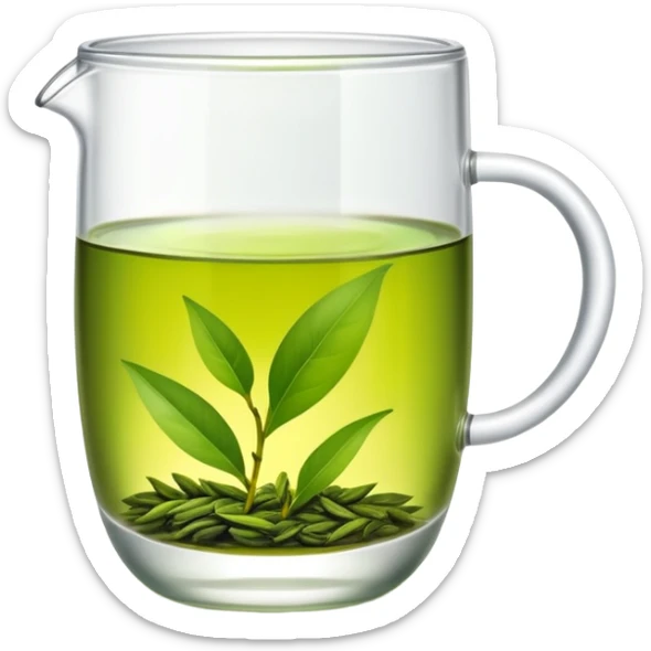 Green tea in traditional Chinese clear glass, fresh tea leaves, emoji style sticker