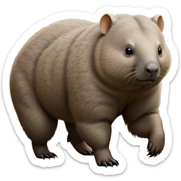 cinematic-stout wombat-realistic-fluffy full-body-waddling-emoji,-stout-muscular-frame-covered-in-coarse-brown-fur,-short-powerful-legs-trotting-determinedly-through-bushland,-round-dark-eyes-filled-with-calm-confidence,-tiny-rounded-ears-twitching-slightly,-strong-digging-claws-visible-on-sturdy-paws,-simplified-yet-realistic-focused-features,-highly-detailed,-glowing-with-a-subtle-earthy-glow sticker