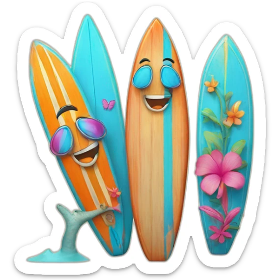 A surfboard Cartoon Blue and orange tiki smiling with butterfly and and Cartoon Blue and pink tiki singing with butterfly and mikrophone sticker