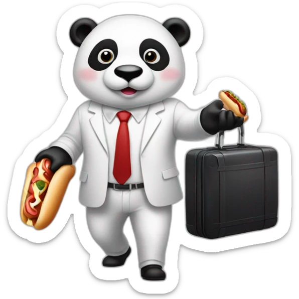 A man with white suit and red tie and a panda face eating a hotdog and holding a black suitcase sticker
